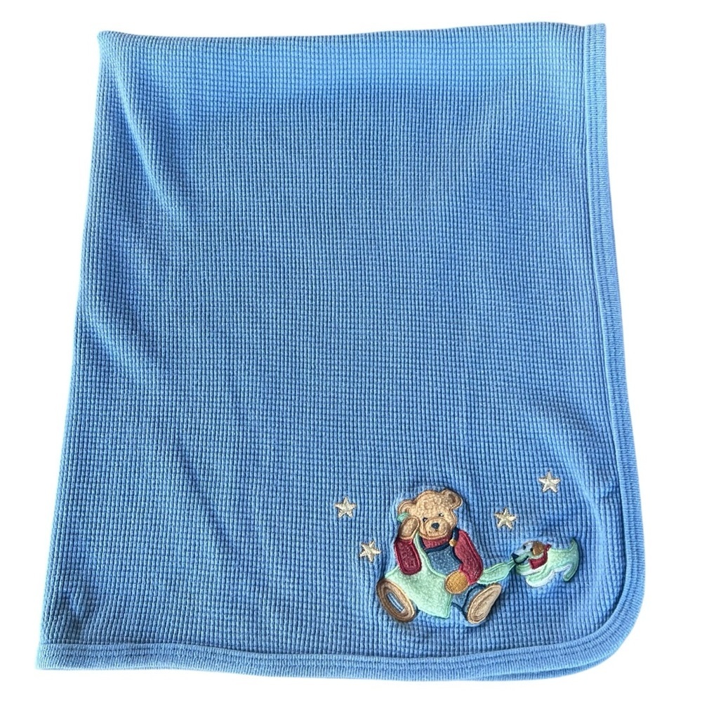 Vintage Blue Jean Teddy Blue Thermal Waffle Knit Baby Blanket Teddy Puppy 26x32